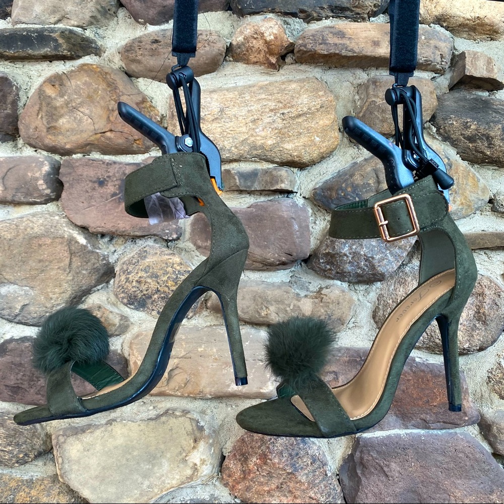 Forever Rubina-50 Women's Pom Pom Buckle Ankle Strap Stiletto Heel- Olive